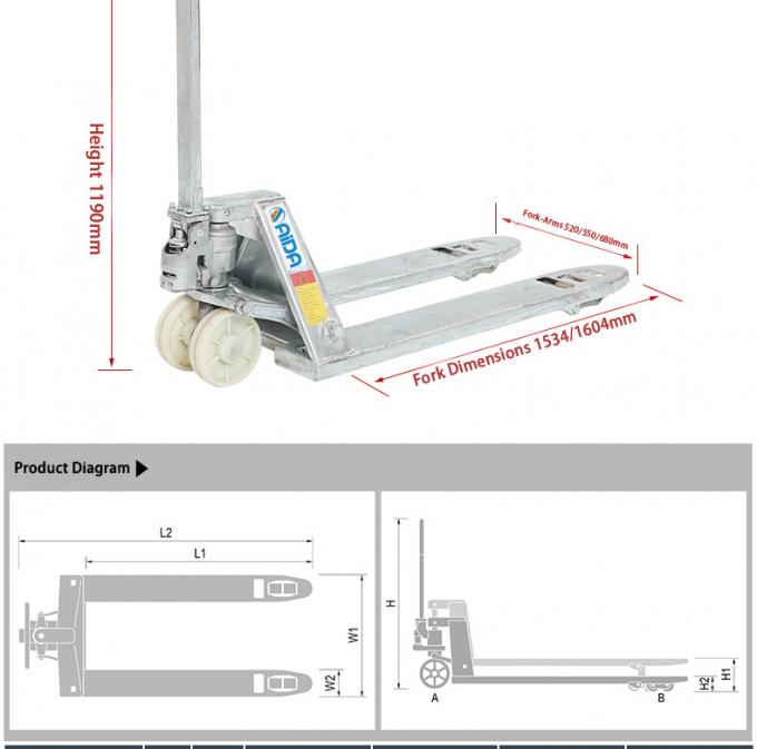 Custom Galvanizado Manual Pallet Truck Jack 550mm largura de garfo pallet jack de mão elevador 1